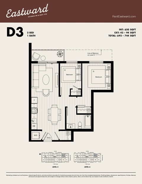 Floor plan for 2 beds, 1 bath, 650 sqft
